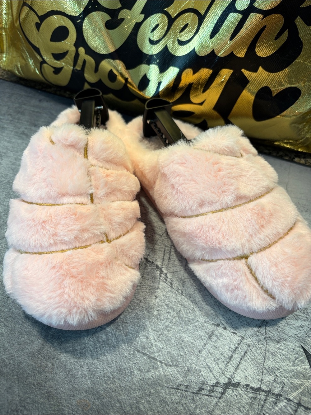 Women's Pink Faux-Fur Quilted Slip-On Slippers with Gold Trim